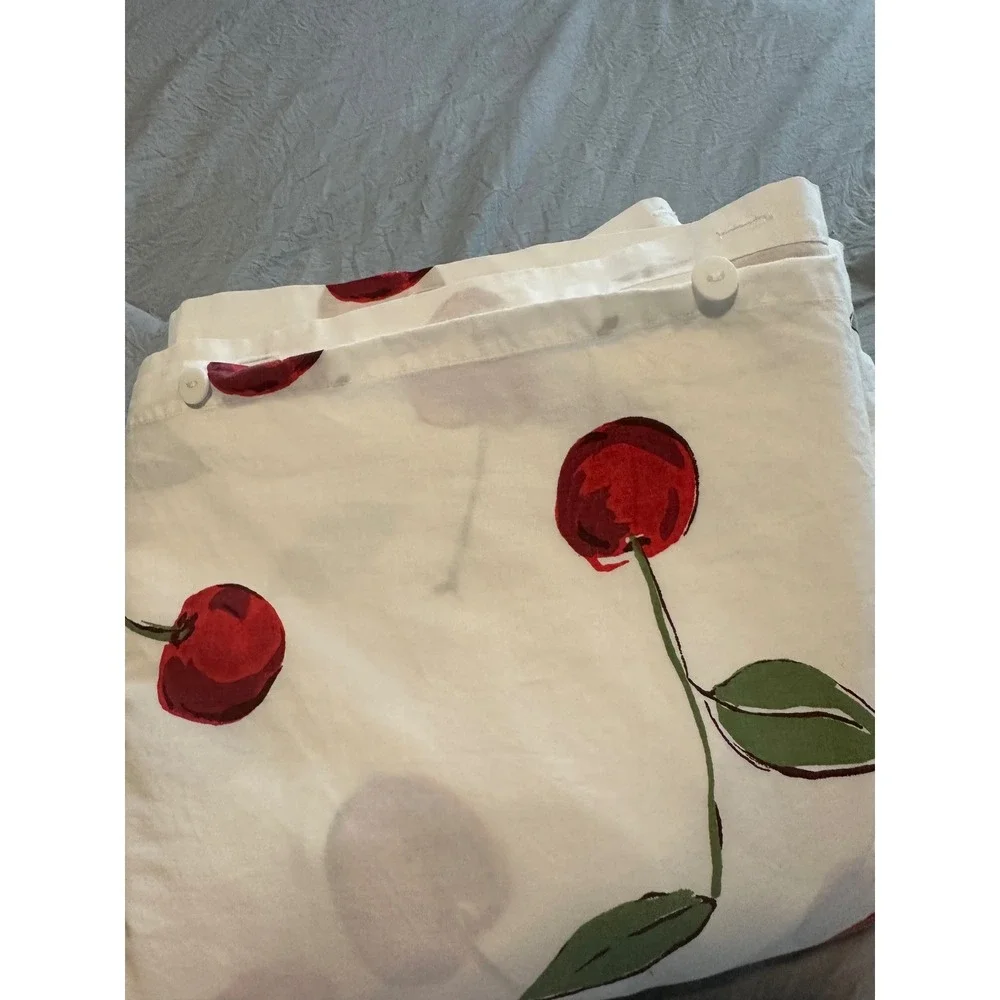 Pottery Barn King Red Cherry Print White Cotton Duvet Cover Button Closure Retro